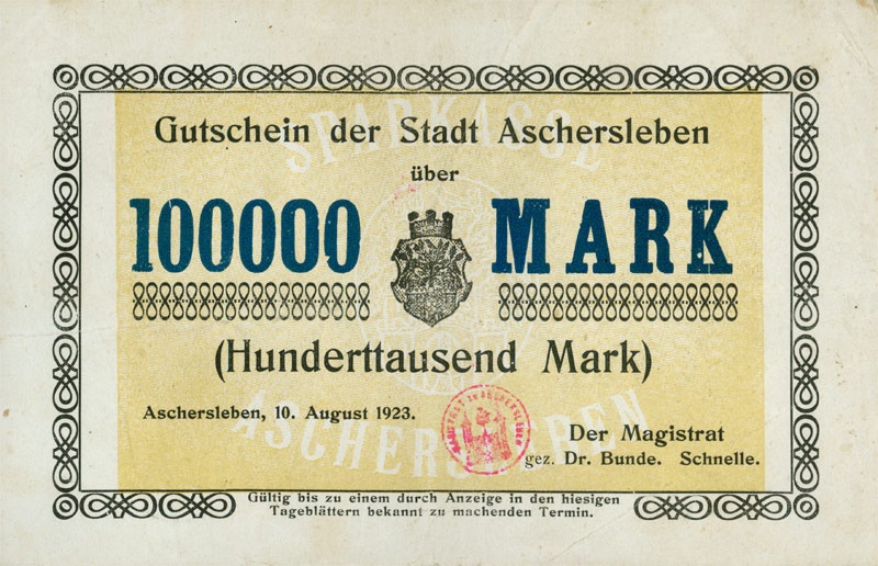 Schein der Hochinflation (Gutschein Aschersleben 1923,  100.000 Mark) (Kulturstiftung Sachsen-Anhalt CC BY-NC-SA)