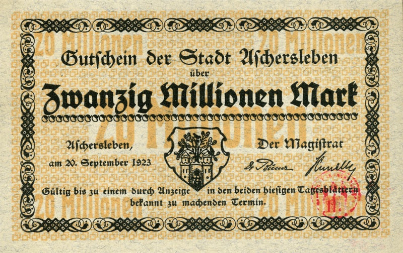 Schein der Hochinflation (Gutschein Aschersleben 1923, 20.000.000 Mark) (Kulturstiftung Sachsen-Anhalt CC BY-NC-SA)