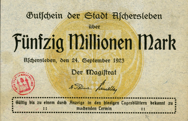 Schein der Hochinflation (Gutschein Aschersleben 1923, 50.000.000 Mark) (Kulturstiftung Sachsen-Anhalt CC BY-NC-SA)