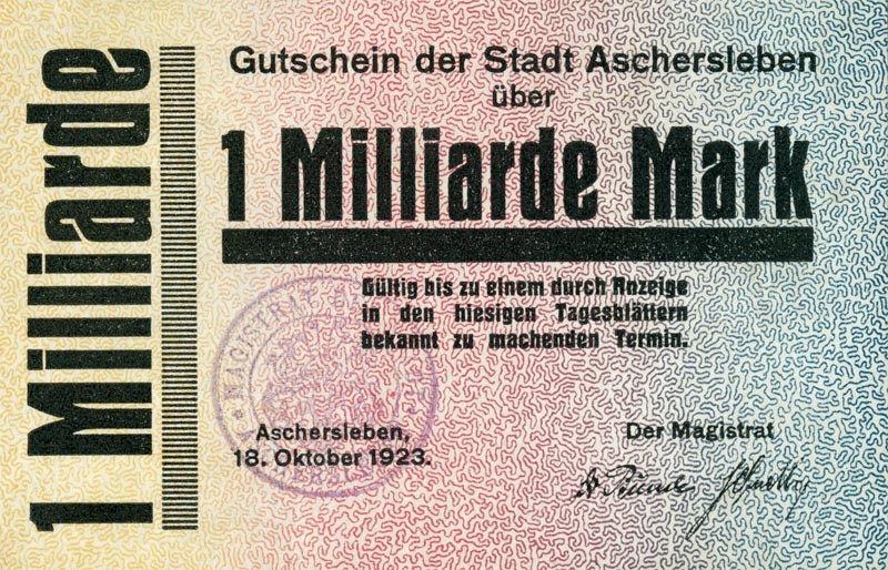 Schein der Hochinflation (Gutschein Aschersleben 1923, 1 Milliarde Mark) (Kulturstiftung Sachsen-Anhalt CC BY-NC-SA)