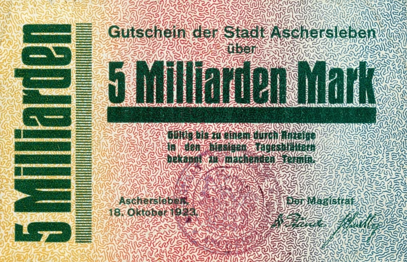 Schein der Hochinflation (Gutschein Aschersleben 1923, 5 Milliarden Mark) (Kulturstiftung Sachsen-Anhalt CC BY-NC-SA)