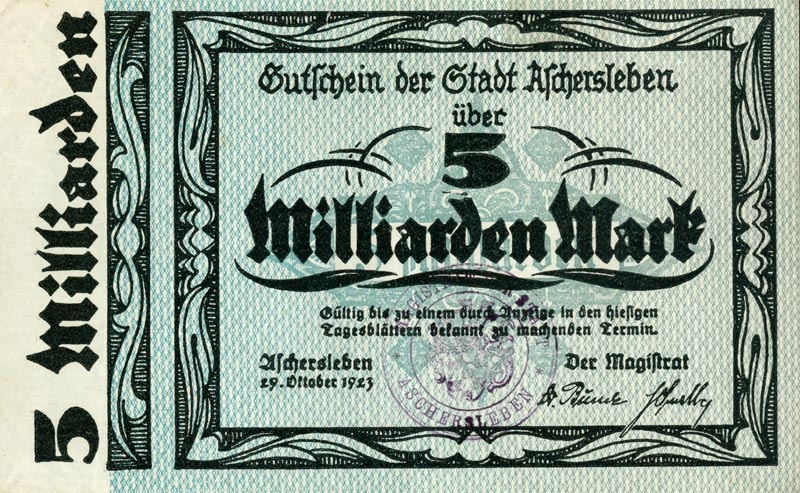Schein der Hochinflation (Gutschein Aschersleben 1923, 5 Milliarden Mark) (Kulturstiftung Sachsen-Anhalt CC BY-NC-SA)