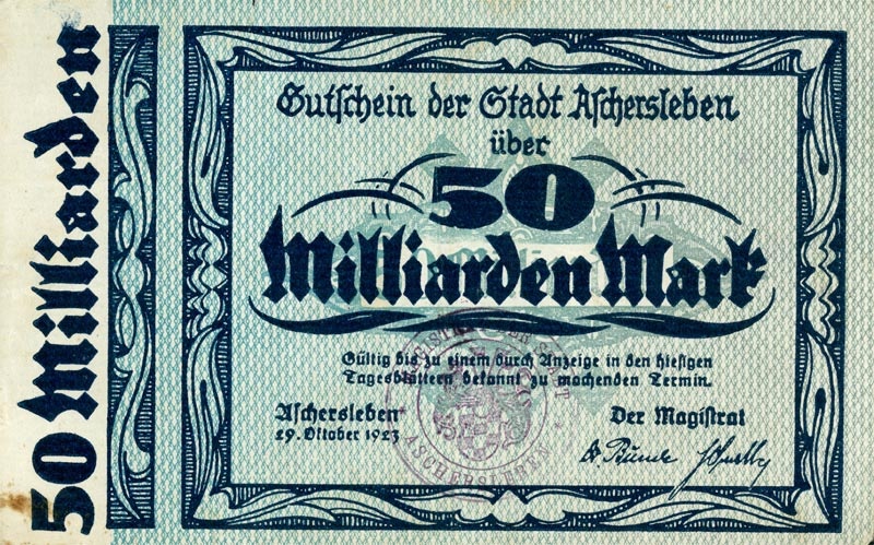 Schein der Hochinflation (Gutschein Aschersleben 1923, 50 Milliarden Mark) (Kulturstiftung Sachsen-Anhalt CC BY-NC-SA)