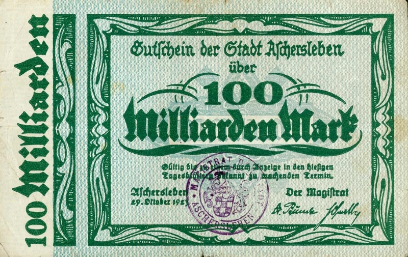 Schein der Hochinflation (Gutschein Aschersleben 1923, 100 Milliarden Mark) (Kulturstiftung Sachsen-Anhalt CC BY-NC-SA)
