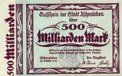Schein der Hochinflation (Gutschein Aschersleben 1923, 500 Milliarden Mark) (Kulturstiftung Sachsen-Anhalt CC BY-NC-SA)