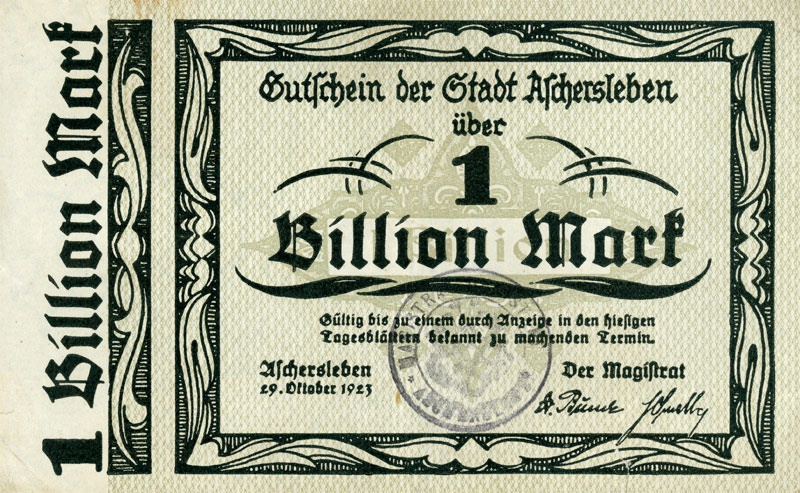 Schein der Hochinflation (Gutschein Aschersleben 1923, 1 Billion Mark) (Kulturstiftung Sachsen-Anhalt CC BY-NC-SA)