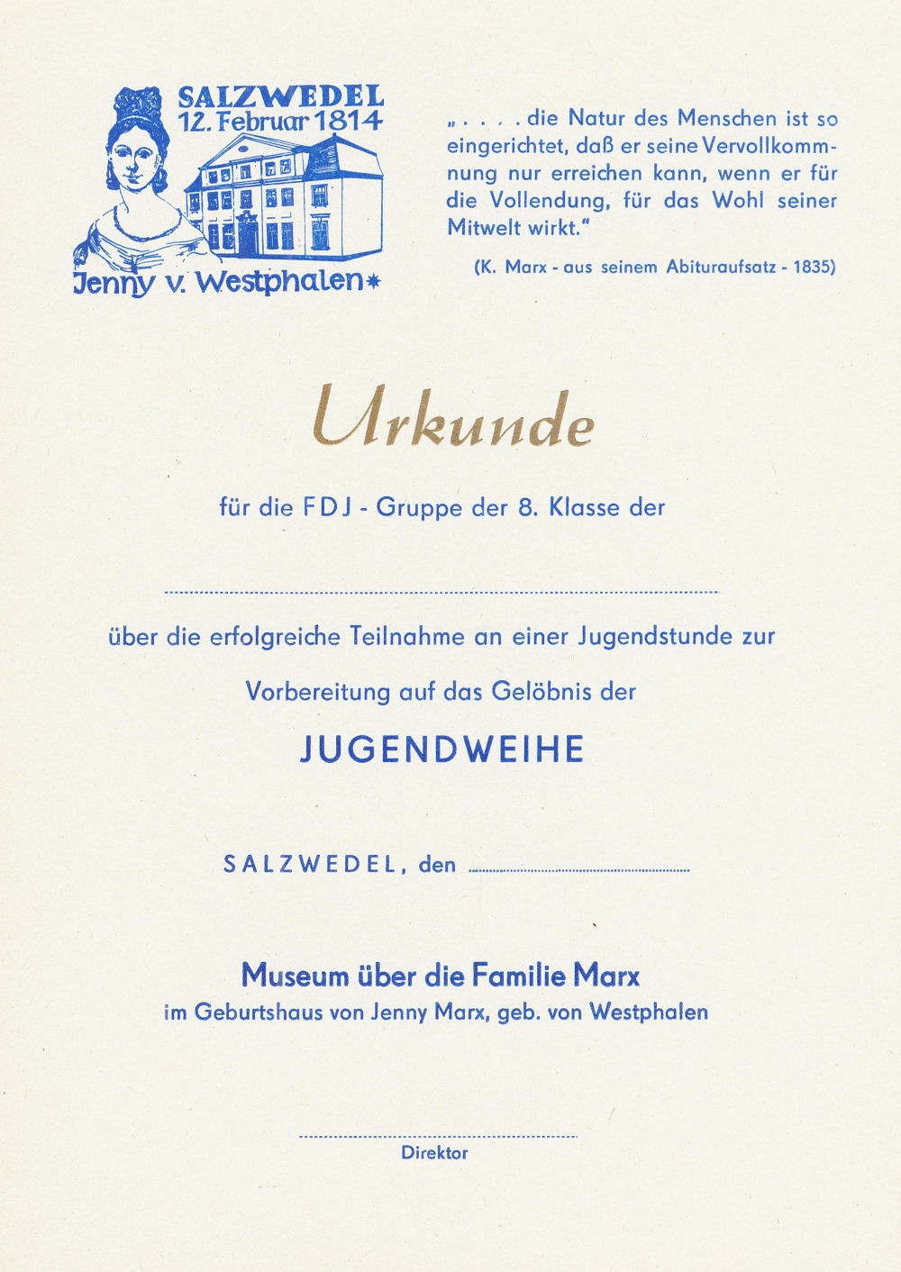 Urkundenvordruck des Museums über die Familie Marx für einen absolvierten Besuch einer Jugendstunde (Johann-Friedrich-Danneil-Museum Salzwedel CC BY-NC-SA)