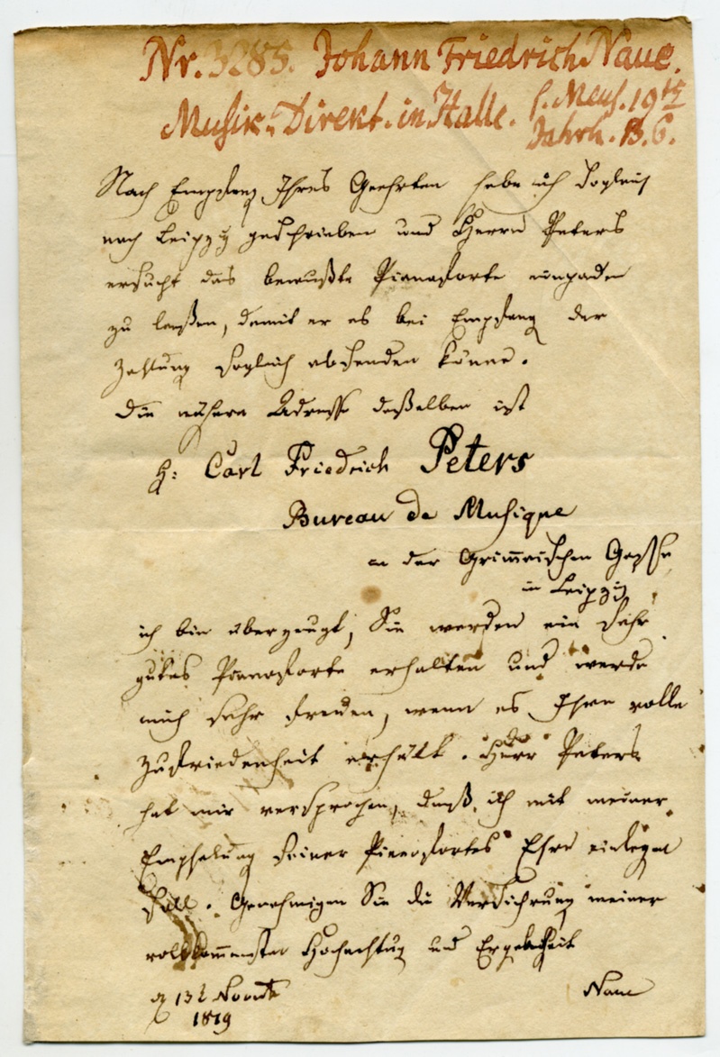 Brief von Johann Friedrich Naue an einen Musiker (Stiftung Händel-Haus Halle CC BY-NC-SA)