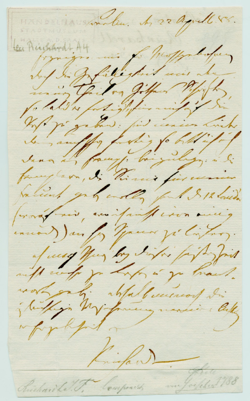 Brief von Johann Friedrich Reichardt an Georg Joachim Göschen (Stiftung Händel-Haus Halle CC BY-NC-SA)