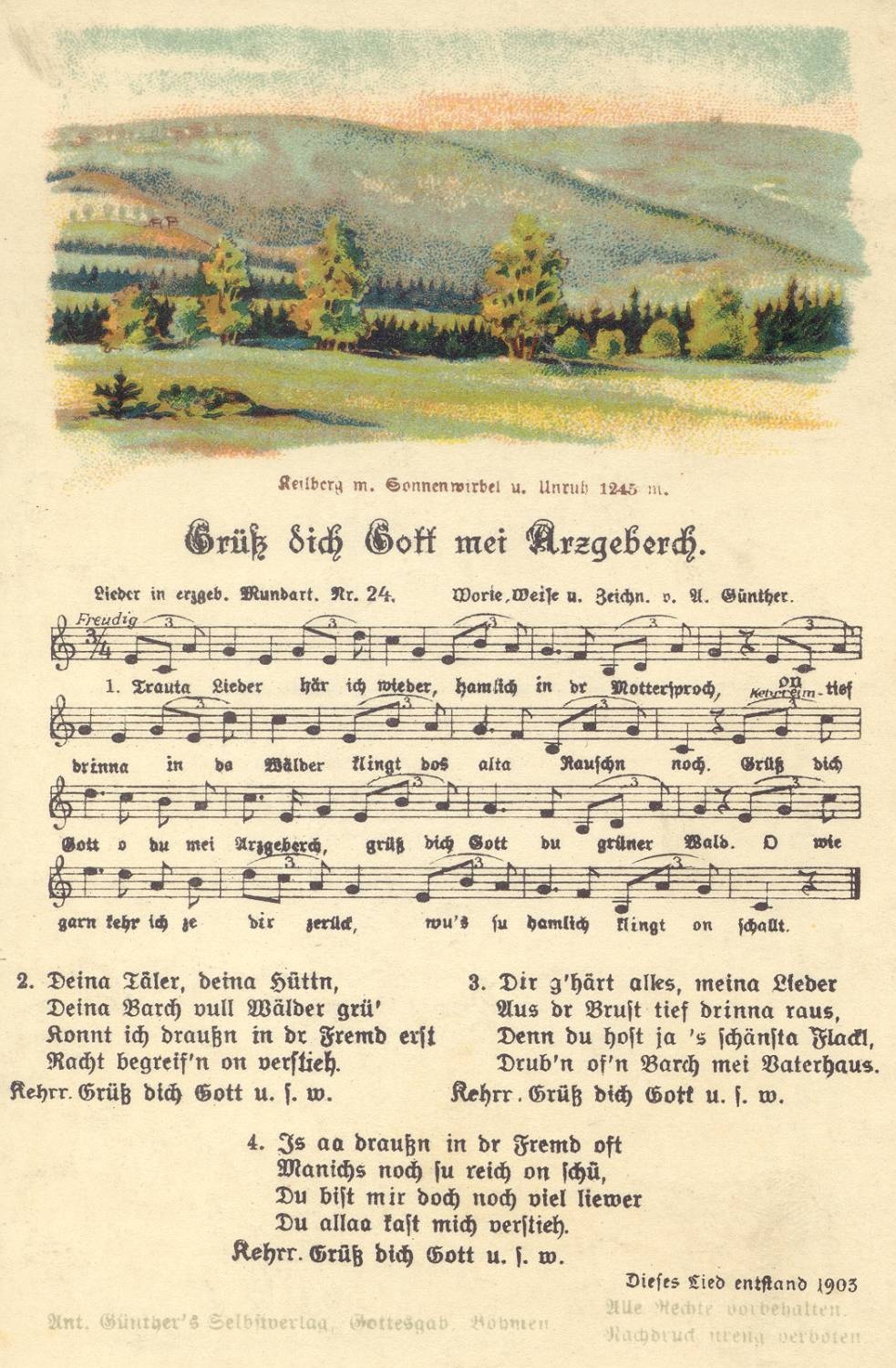 Liedpostkarte &quot;Grüß dich Gott mei Arzgeberch&quot; (Kreismuseum Bitterfeld CC BY-NC-SA)
