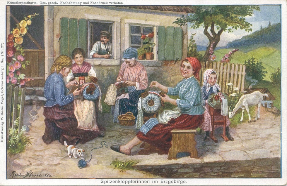 Liedpostkarte &quot;Spitzenklöpplerinnen im Erzgebirge&quot; (Kreismuseum Bitterfeld CC BY-NC-SA)