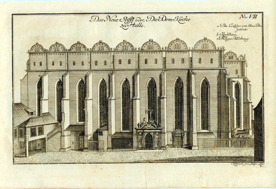 Dom in Halle. Kupferstich von Johann Gottfried Krüger jun. (Stiftung Händel-Haus Halle CC BY-NC-SA)