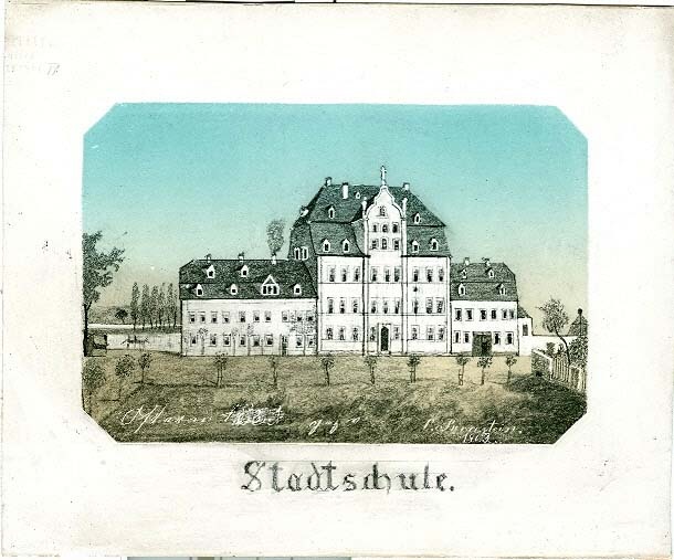 Kolorierter Stahlstich der Stadtschule Weißenfels, 2. Hälfte 19. Jahrhundert (Museum Weißenfels - Schloss Neu-Augustusburg CC BY-NC-SA)