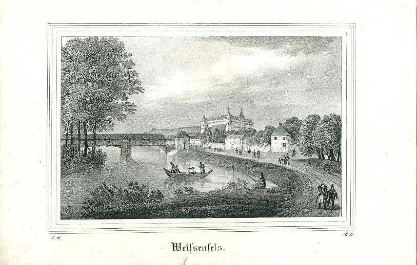 Stadtansicht von Weißenfels mit Schloss und überdachter Holzbrücke (Museum Weißenfels - Schloss Neu-Augustusburg CC BY-NC-SA)