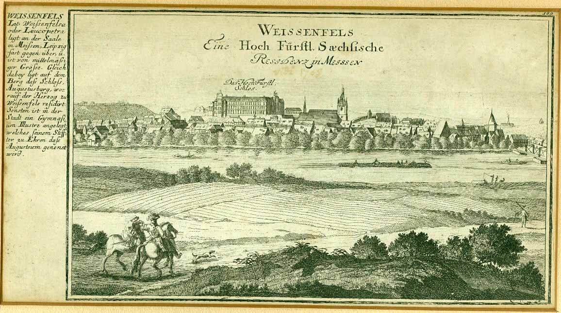 Stadtansicht von Weißenfels von Norden aus gesehen, 1. Hälfte 18. Jahrhundert (Museum Weißenfels - Schloss Neu-Augustusburg CC BY-NC-SA)