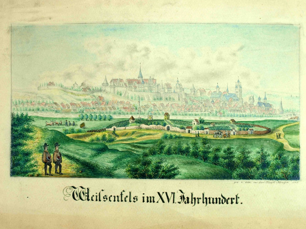 Weißenfels im 16. Jahrhundert mit Burg, nach Merian gezeichnet 1884 (Museum Weißenfels - Schloss Neu-Augustusburg CC BY-NC-SA)