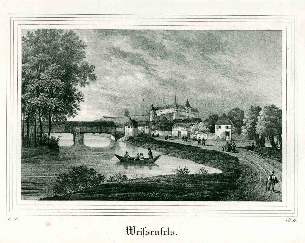 Ansicht von Weißenfels mit Schloß und überdachter Saalebrücke, 1. Hälfte 19. Jahrhundert (Museum Weißenfels - Schloss Neu-Augustusburg CC BY-NC-SA)