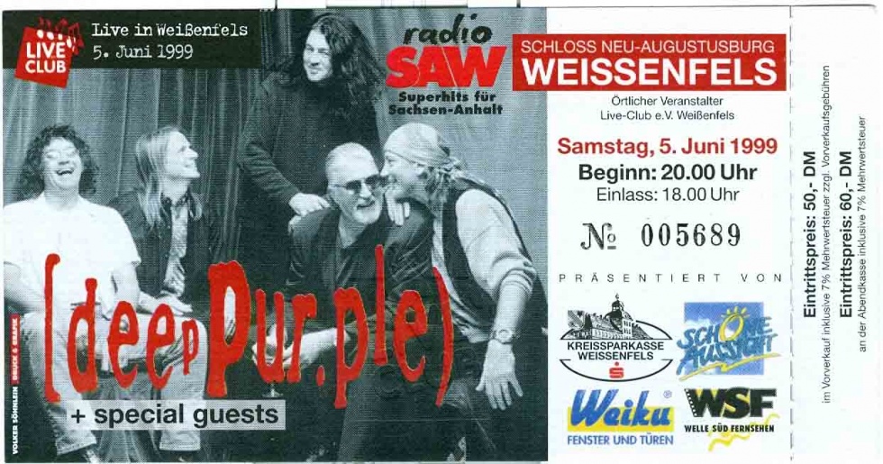 Eintrittskarte zu einem Konzert der Rockgruppe Deep Purple im Schloß Neu-Augustusburg in Weißenfels 1999 (Museum Weißenfels - Schloss Neu-Augustusburg CC BY-NC-SA)