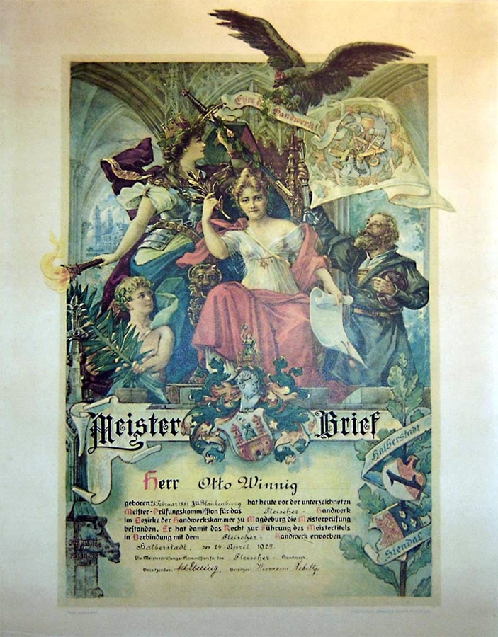 Meisterbrief des Fleischermeisters Otto Winnig (Herbergsmuseum / Historische Gesellenherberge Blankenburg CC BY-NC-SA)
