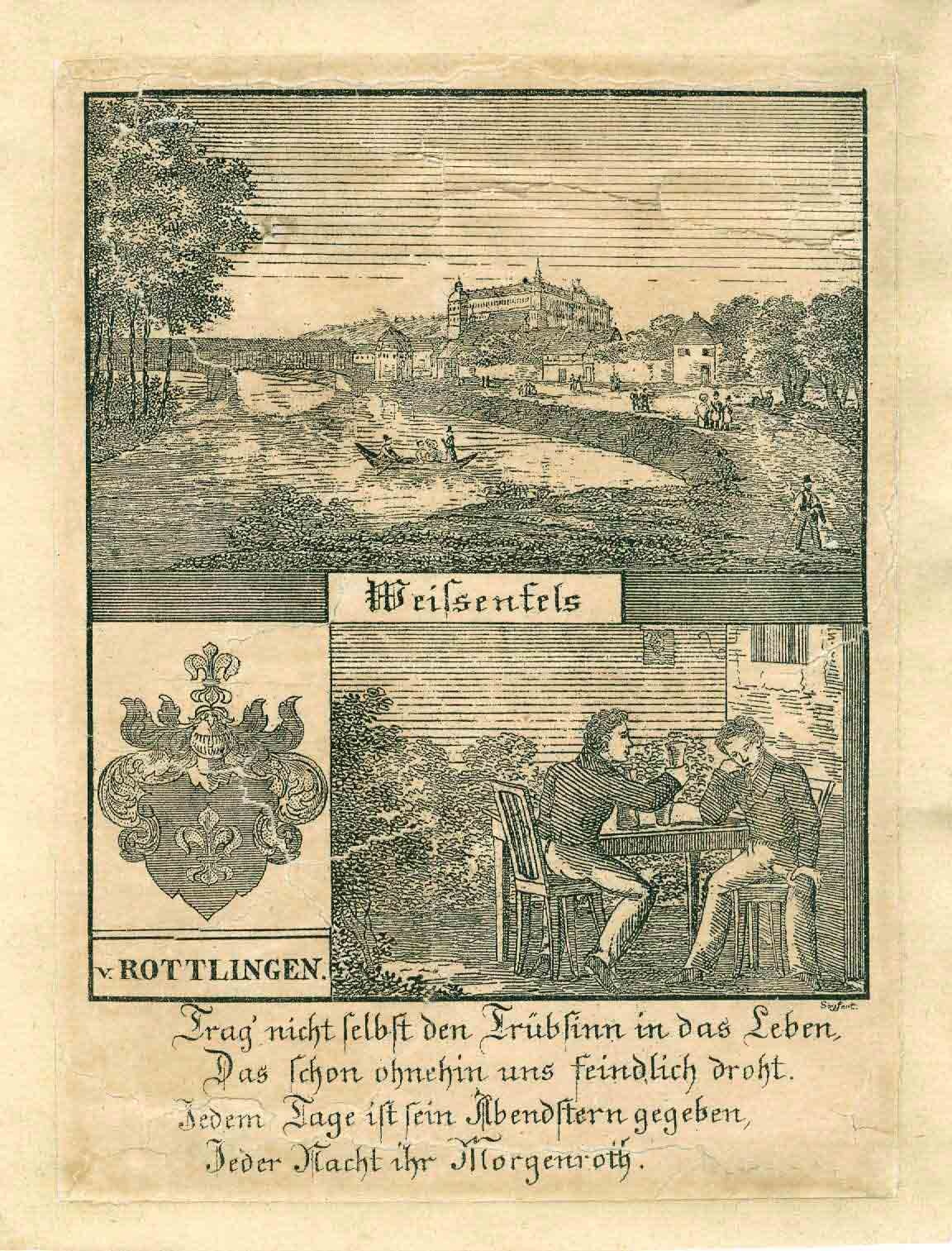 Stadtansicht von Weißenfels mit Schloß, Wappen v. Rottlingen, 1. Hälfte 19. Jahrhundert (Museum Weißenfels - Schloss Neu-Augustusburg CC BY-NC-SA)