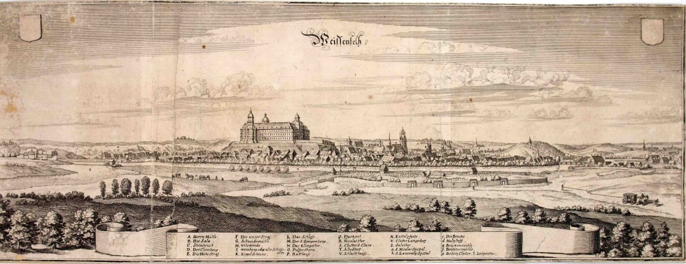 Stadtansicht von Weißenfels mit Schloss, nach Merian, 1. Hälfte 18. Jahrhundert (Museum Weißenfels - Schloss Neu-Augustusburg CC BY-NC-SA)