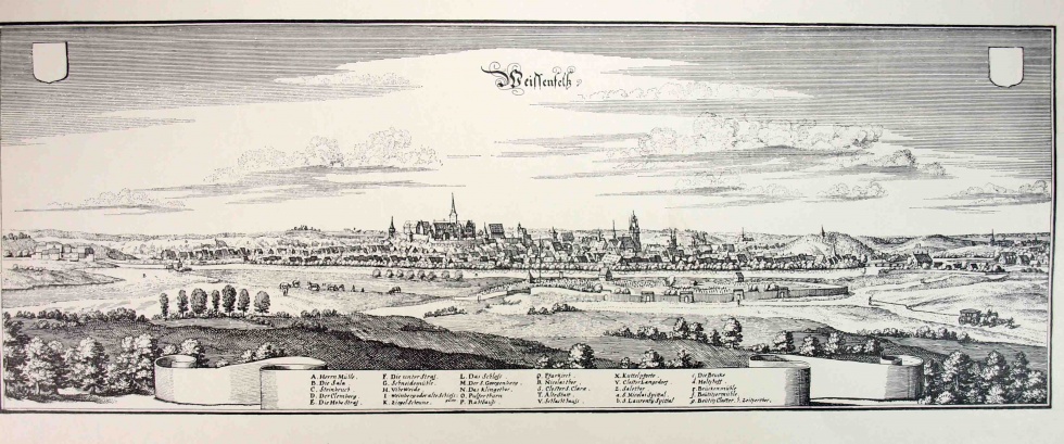 Ansicht von Weißenfels mit Burganlage, 1. Hälfte 17. Jahrhundert, Merian, Nachdruck (Museum Weißenfels - Schloss Neu-Augustusburg CC BY-NC-SA)