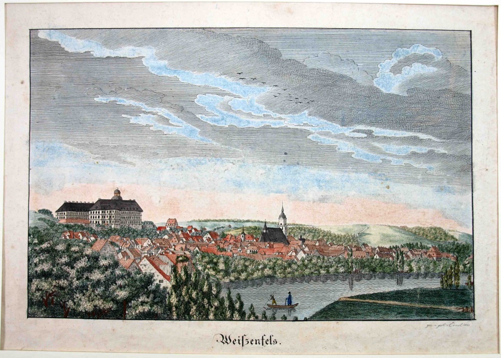 Kolorierte Ansicht von Weißenfels, mit Schloß, 1. Hälfte 19. Jahrhundert (Museum Weißenfels - Schloss Neu-Augustusburg CC BY-NC-SA)