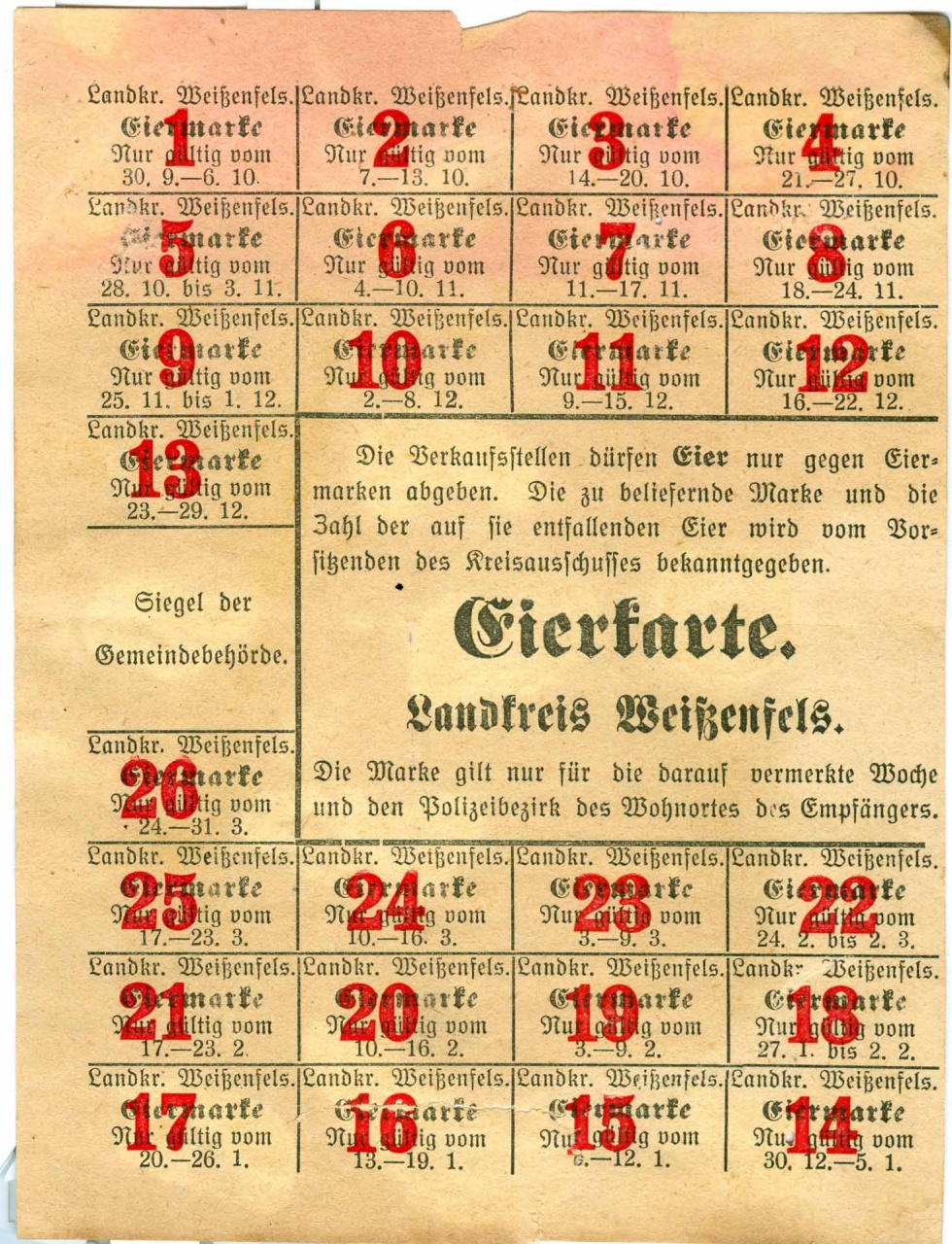 Lebensmittelkarte, Eierkarte Landkreis Weißenfels 1918-19, 1. Weltkrieg (Museum Weißenfels - Schloss Neu-Augustusburg CC BY-NC-SA)
