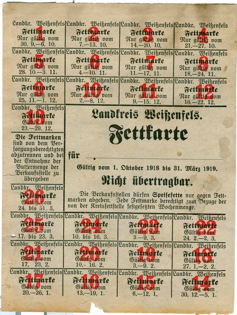 Lebensmittelkarte, Fettkarte, Landreis Weißenfels, 1918-1919, 1. Weltkrieg (Museum Weißenfels - Schloss Neu-Augustusburg CC BY-NC-SA)