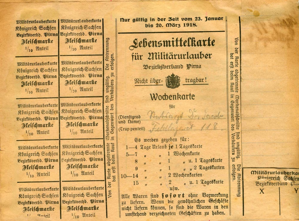 Lebensmittelkarte für Militärurlauber, 1918, Bezirksverband Pirna, 1. Weltkrieg (Museum Weißenfels - Schloss Neu-Augustusburg CC BY-NC-SA)