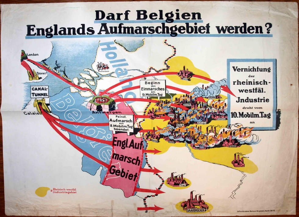 Propagandaplakat &quot; Darf Belgien Englands Aufmarschgebiet werden?&quot;, 1. Weltkrieg 1914- 1918 (Museum Weißenfels - Schloss Neu-Augustusburg CC BY-NC-SA)