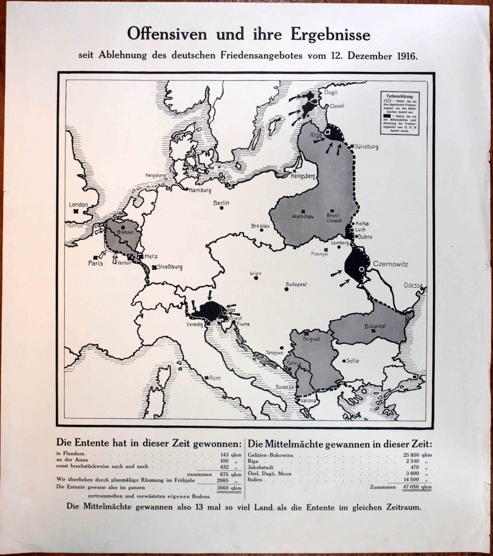Propagandaplakat &quot;Offensiven und ihre Ergebnisse&quot;, 1. Weltkrieg 1914- 1918 (Museum Weißenfels - Schloss Neu-Augustusburg CC BY-NC-SA)