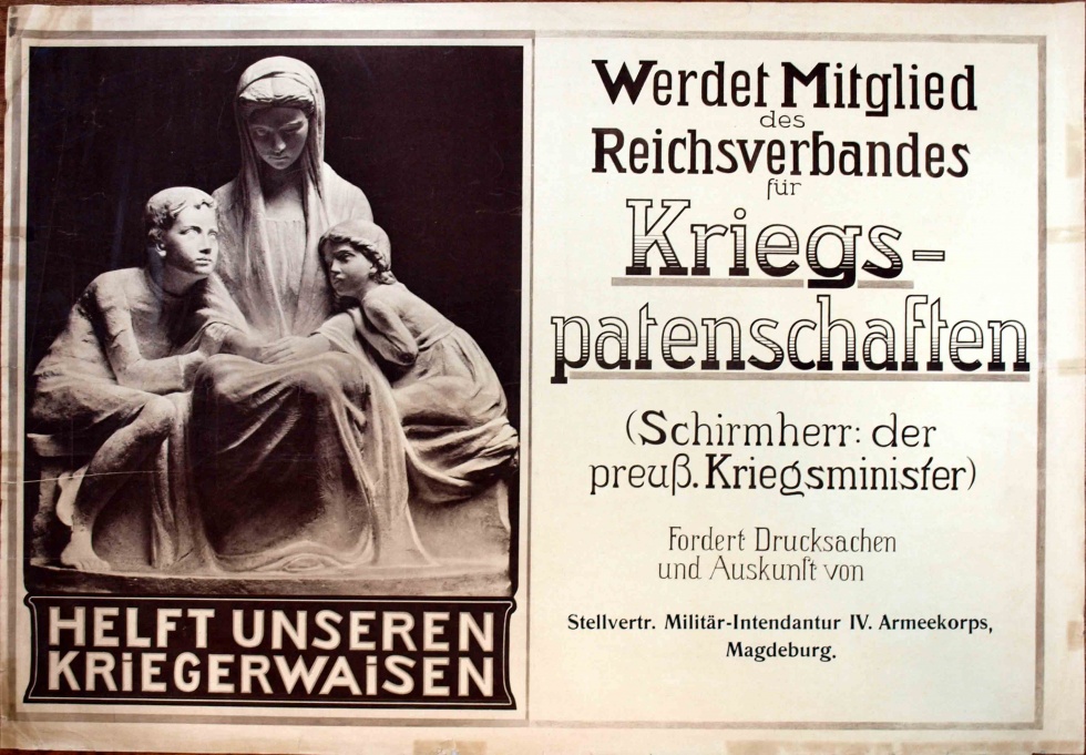 Spendenplakat &quot;Helft unseren Kriegerswaisen...&quot;, 1. Weltkrieg, 1914-1918, Kriegspatenschaften (Museum Weißenfels - Schloss Neu-Augustusburg CC BY-NC-SA)