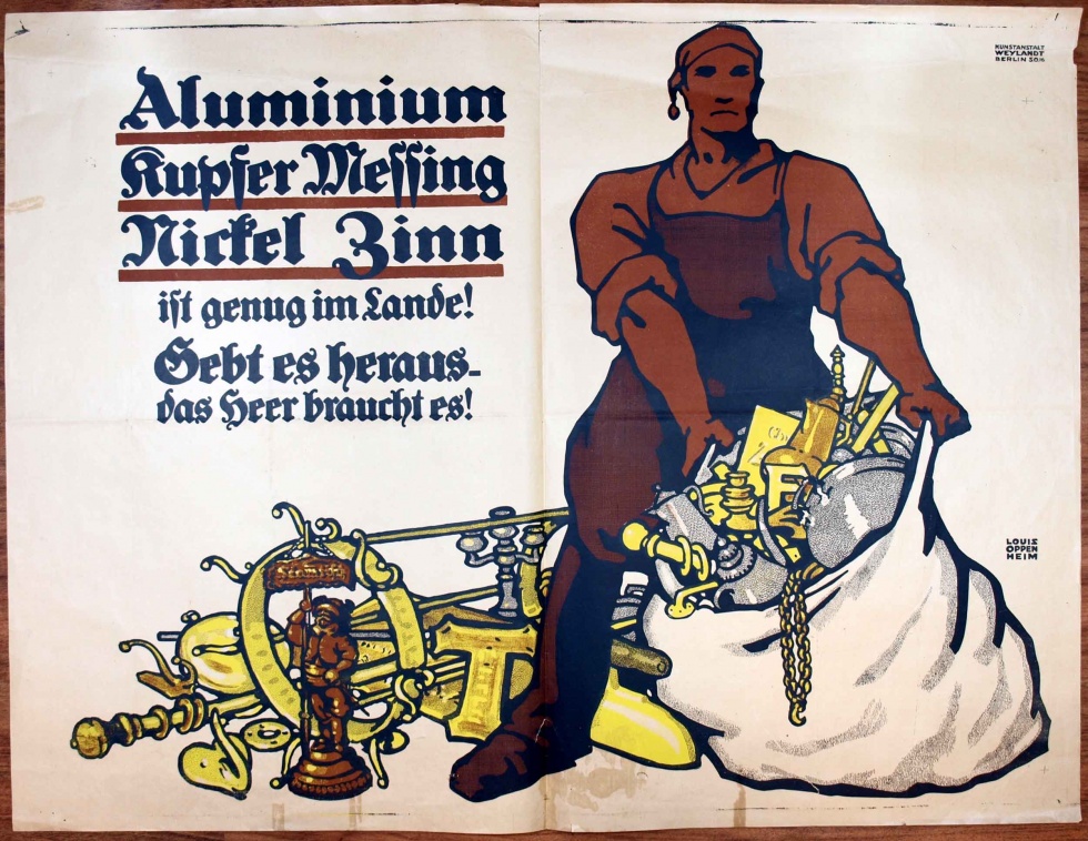 Plakat/ Sammelaufruf &quot; Aluminium Kupfer Messing Nickel Zinn ist genug im Lande&quot;, 1. Weltkrieg 1914- 1918 (Museum Weißenfels - Schloss Neu-Augustusburg CC BY-NC-SA)