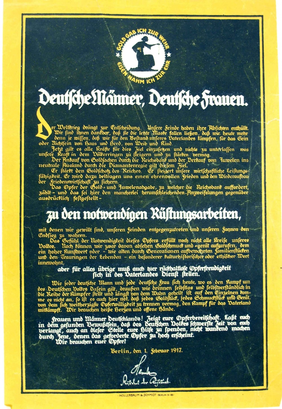 Plakat/ Sammelaufruf &quot;Deutsche Männer, Deutsche Frauen...&quot; 1. Wletkrieg (Museum Weißenfels - Schloss Neu-Augustusburg CC BY-NC-SA)