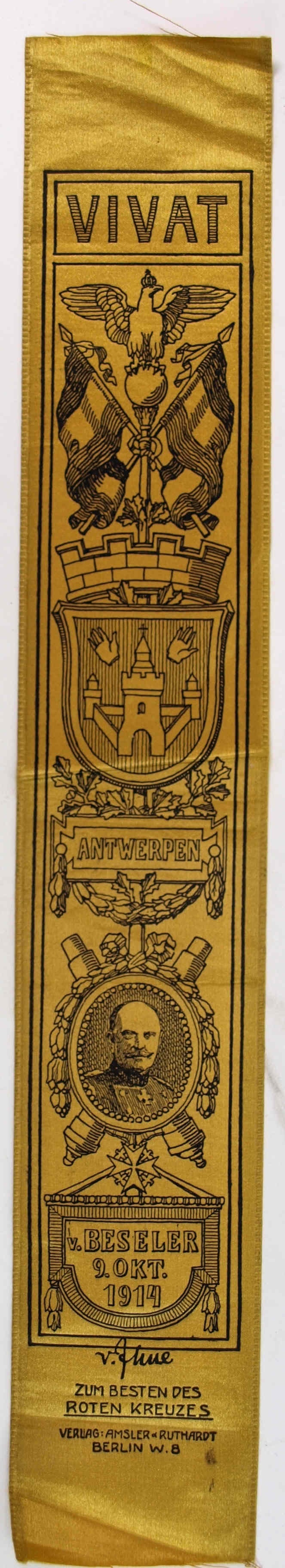Vivatband &quot;Antwerpen, Beseler Okt. 1914&quot;, 1. Weltkrieg (Museum Weißenfels - Schloss Neu-Augustusburg CC BY-NC-SA)