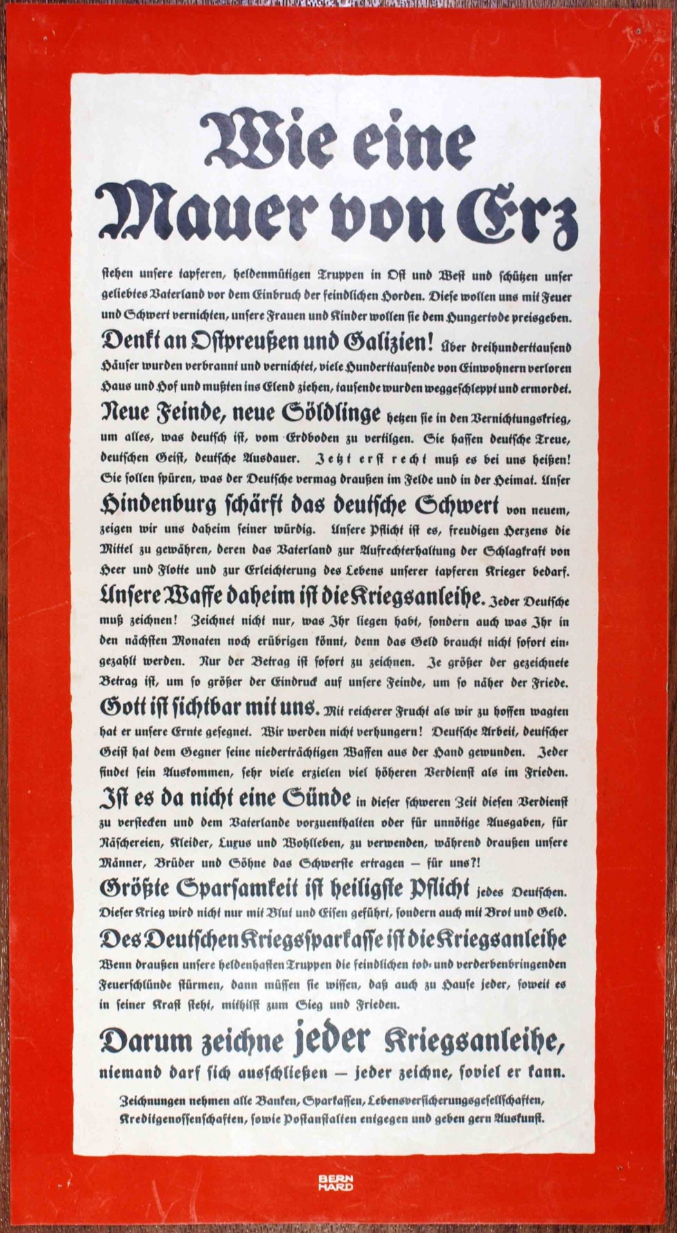Plakat/ Kriegsanleihe &quot;Wie eine Mauer von Erz&quot;, 1. Weltkrieg 1914- 1918 (Museum Weißenfels - Schloss Neu-Augustusburg CC BY-NC-SA)