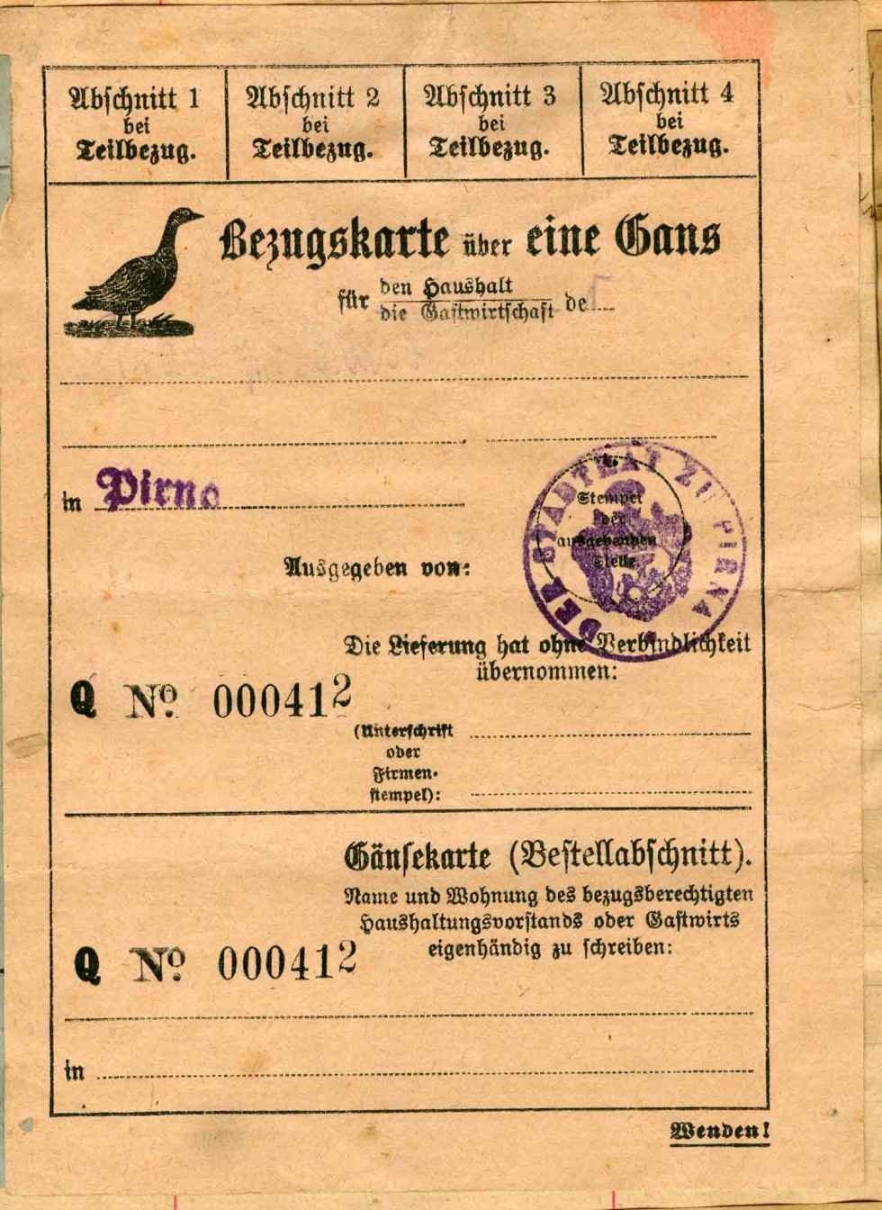 Lebensmittelkarte oder Bezugskarte über eine Gans, Stadtrat Pirna, 1914-1918, 1. Weltkrieg (Museum Weißenfels - Schloss Neu-Augustusburg CC BY-NC-SA)