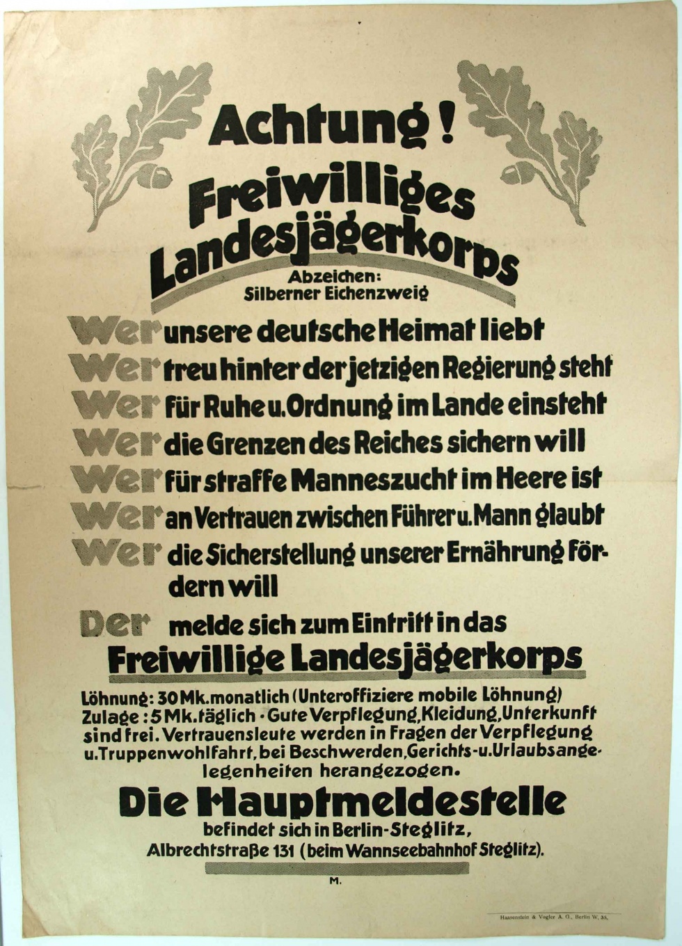 Plakat/ Oberschlesien &quot;Achtung! Freiwilliges...&quot;,1919-1921, Aufstände Oberschlesien, Weimarer Republik (Museum Weißenfels - Schloss Neu-Augustusburg CC BY-NC-SA)