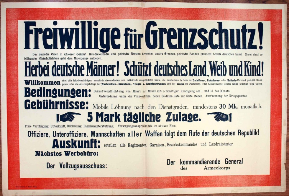 Plakat/ Oberschlesien &quot;Freiwillige für Grenzschutz!...&quot;,1919- 1921, Aufstände Oberschlesien, Weimarer Republik (Museum Weißenfels - Schloss Neu-Augustusburg CC BY-NC-SA)
