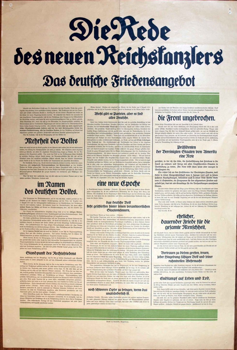 Plakat/ Rede- Bekanntmachung &quot;Die Rede des neuen Reichskanzlers...&quot;, 1. Weltkrieg, 1914-1918 (Museum Weißenfels - Schloss Neu-Augustusburg CC BY-NC-SA)