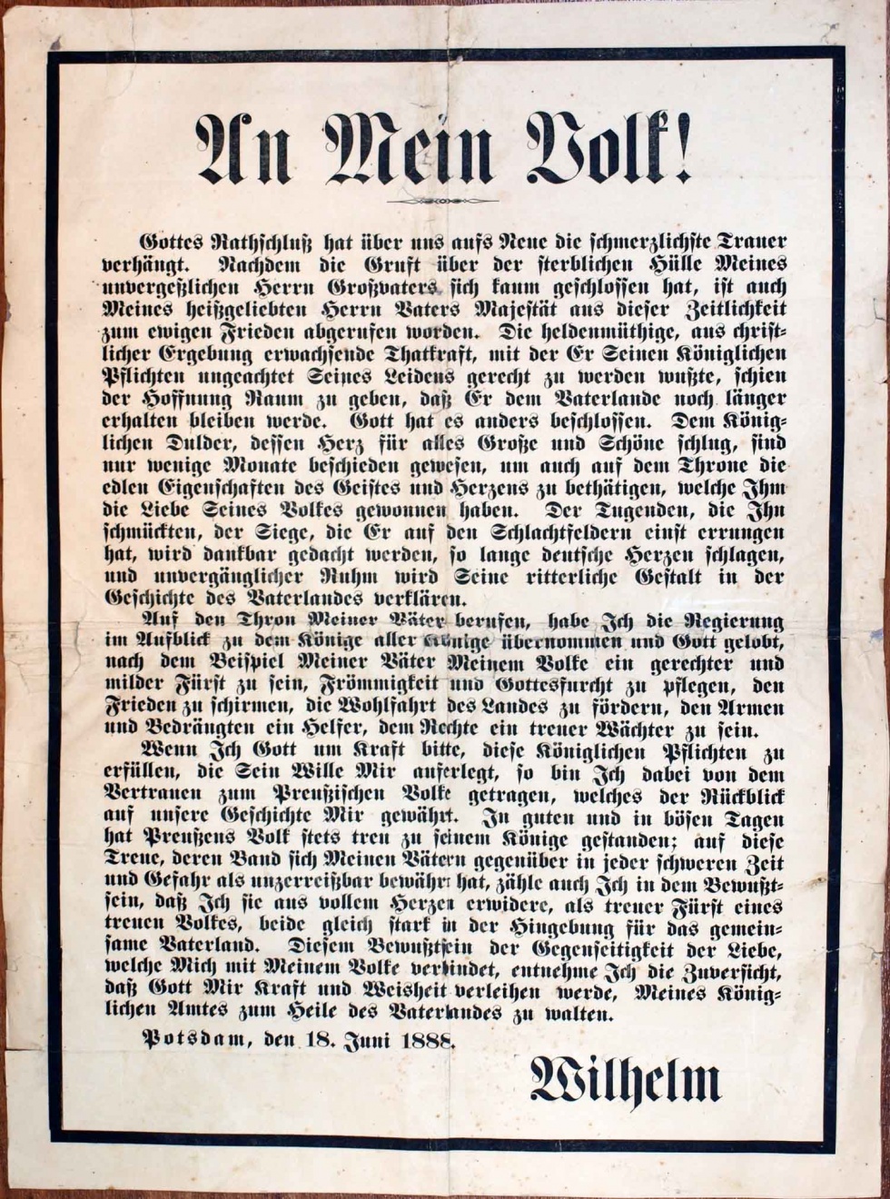 Plakat/ kaiserliche Bekanntmachung &quot;An mein Volk&quot;, 1888 Machtantritt Wilhelm II (Museum Weißenfels - Schloss Neu-Augustusburg CC BY-NC-SA)