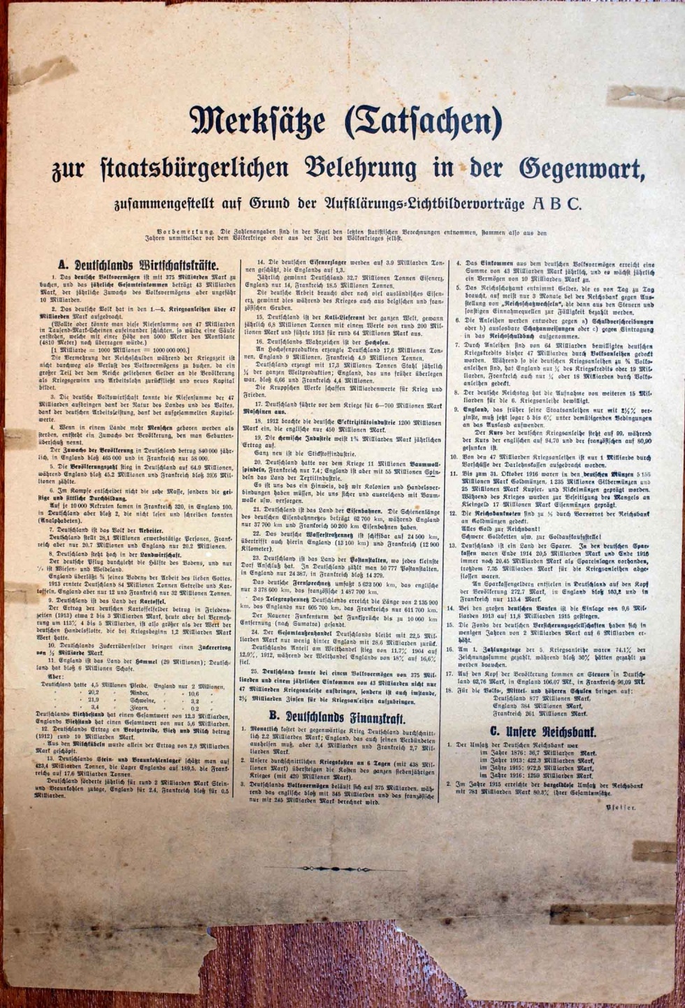 Plakat Aushang/ Propaganda &quot; Merksätze (Tatsachen) zur...&quot;, 1. Weltkrieg 1914- 1918 (Museum Weißenfels - Schloss Neu-Augustusburg CC BY-NC-SA)