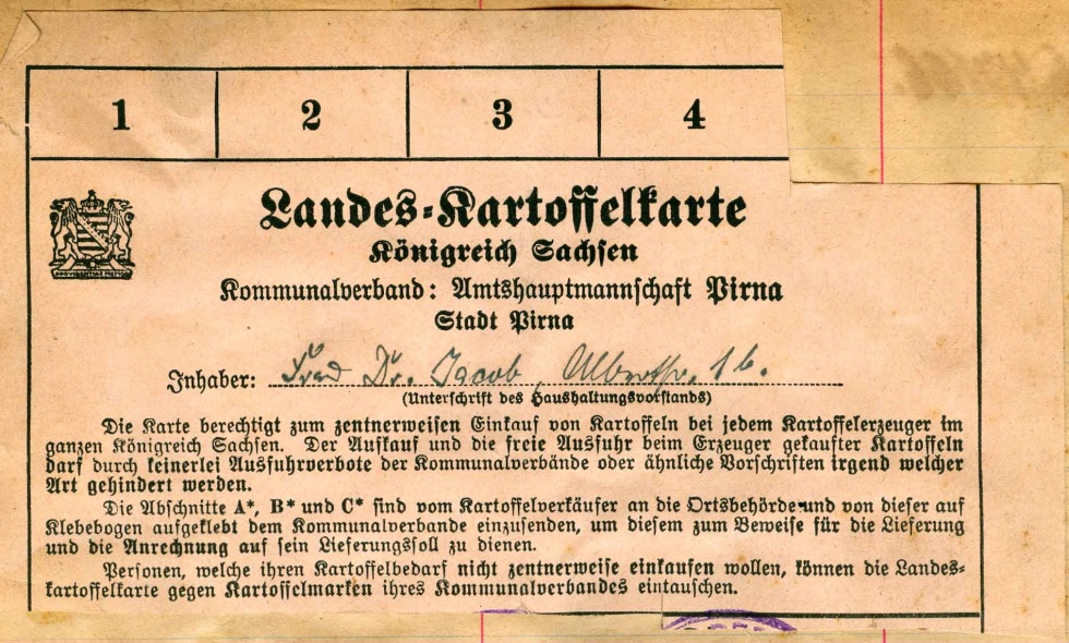 Lebensmittelkarte oder Landes-Kartoffelkarte, Königreich Sachsen, 1. Weltkrieg 1914-1918 (Museum Weißenfels - Schloss Neu-Augustusburg CC BY-NC-SA)
