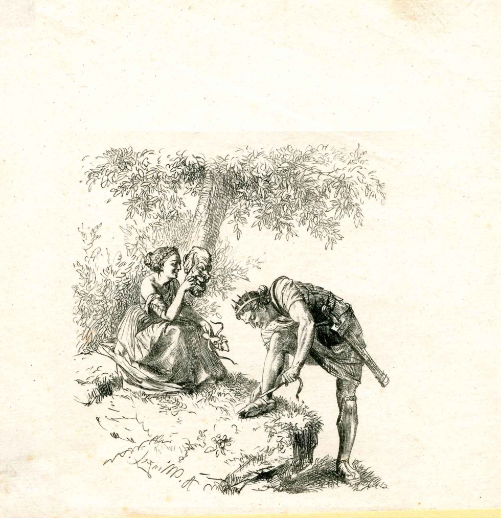 &quot; Die friedliche Sandale&quot;, Holzstich von O. Vogel, nach einer Zeichnung Adolph Menzels, 1843-49 (Museum Weißenfels - Schloss Neu-Augustusburg CC BY-NC-SA)