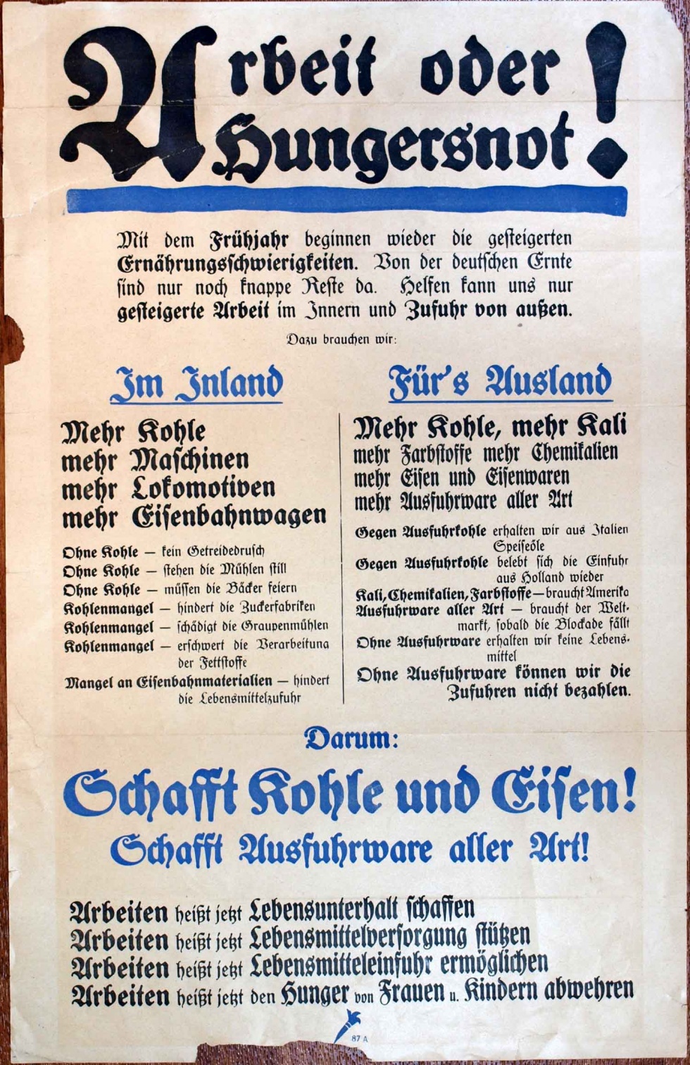 Plakat / Aufruf gegen Streiks &quot; Arbeit oder Hungersnot!&quot;, 1. Weltkrieg, 1916-1917 (Museum Weißenfels - Schloss Neu-Augustusburg CC BY-NC-SA)