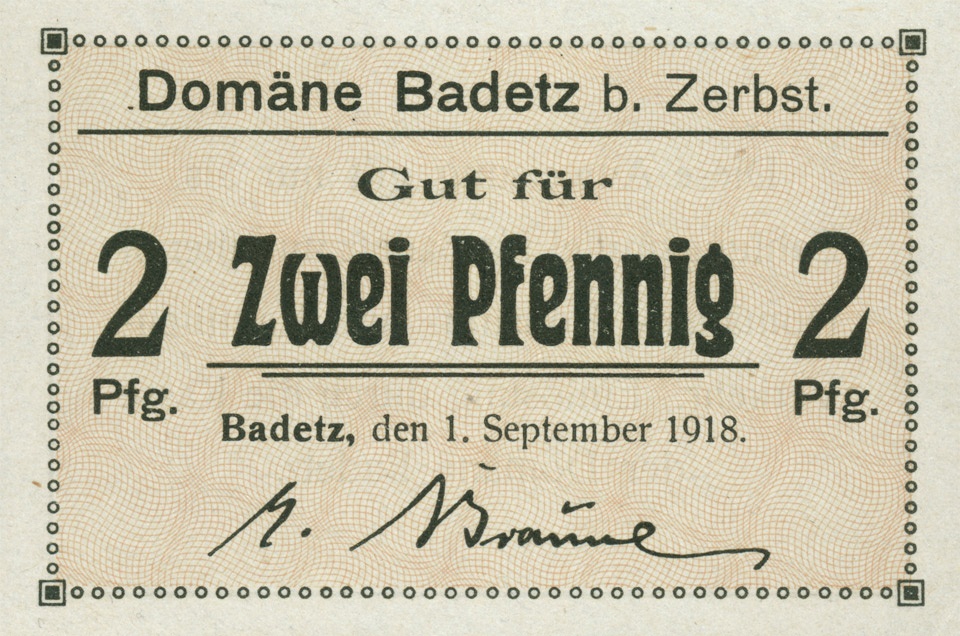 Notgeld Domäne Badetz (2 Pfennig) (Kulturstiftung Sachsen-Anhalt CC BY-NC-SA)