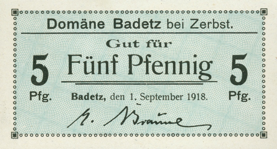 Notgeld Domäne Badetz (5 Pfennig) (Kulturstiftung Sachsen-Anhalt CC BY-NC-SA)