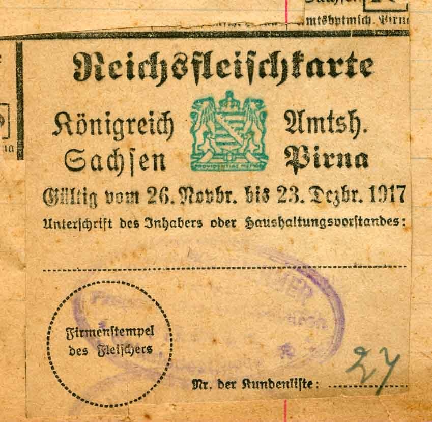 Lebensmittelkarte oder Abschnitt, Reichsfleischkarte Königreich Sachsen, Pirna 1917, 1. Weltkrieg (Museum Weißenfels - Schloss Neu-Augustusburg CC BY-NC-SA)