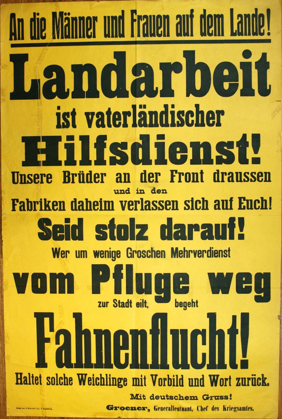 Plakat/ Aufruf Landbevölkerung &quot;Landarbeit ist...!&quot;, 2. Weltkrieg, Nationalsozialismus (Museum Weißenfels - Schloss Neu-Augustusburg CC BY-NC-SA)